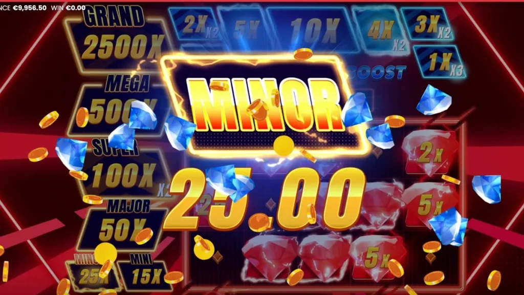 Interface neon vibrante do slot Triple Cash Boost com símbolos de frutas e diamantes