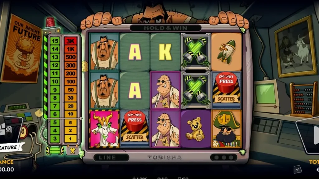 Interface do slot Enriched com tema nuclear e retro-futurista