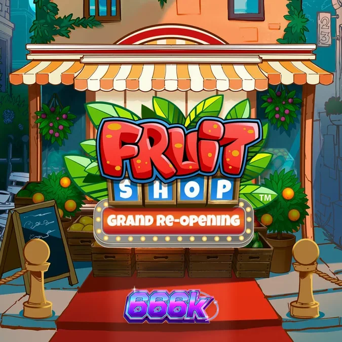 Captura de tela do jogo de slot Fruit Shop Grand Re-Opening, mostrando rolos cheios de símbolos de frutas vibrantes e o logotipo do jogo.
